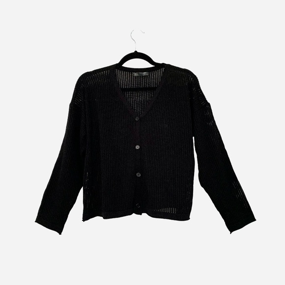DAZY Women’s Black Ribbed Button-Down Cardigan Semi‎ Sheer V-Neck Long Sleeve L - Picture 1 of 11